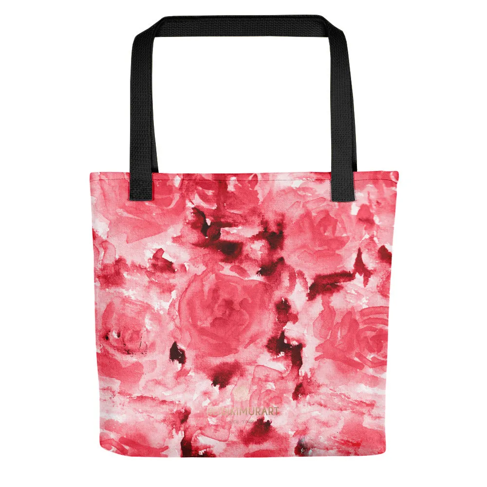 Red Floral Tote Bag, Crimson Red Rose Floral Designer Flower Print 15" x 15" Tote Bag - Made in USA/EU