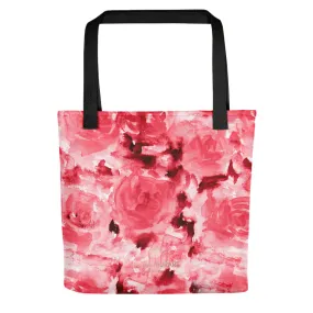 Red Floral Tote Bag, Crimson Red Rose Floral Designer Flower Print 15" x 15" Tote Bag - Made in USA/EU