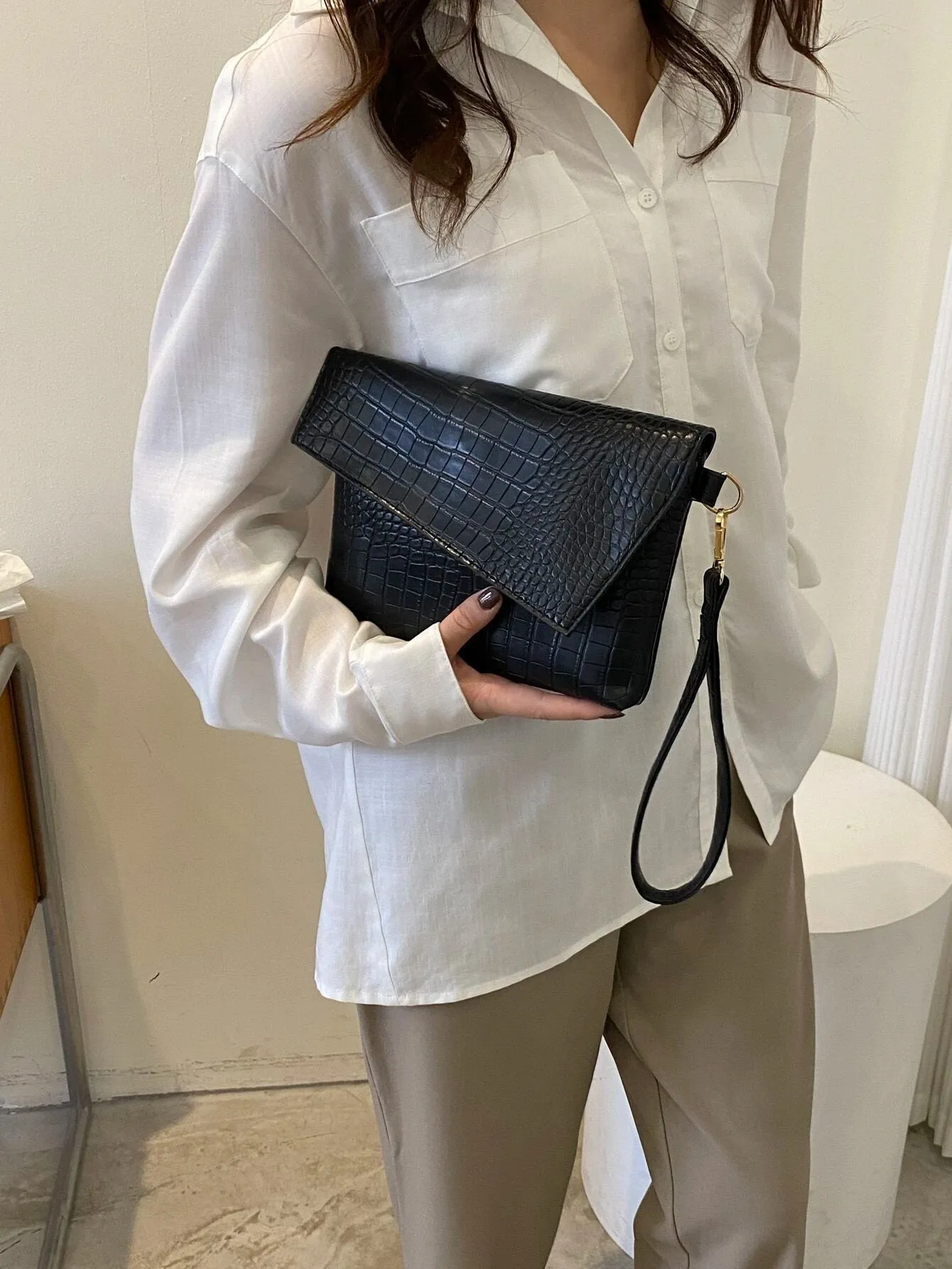 SHEIN Crocodile Embossed Flap Square Bag With Wristlet