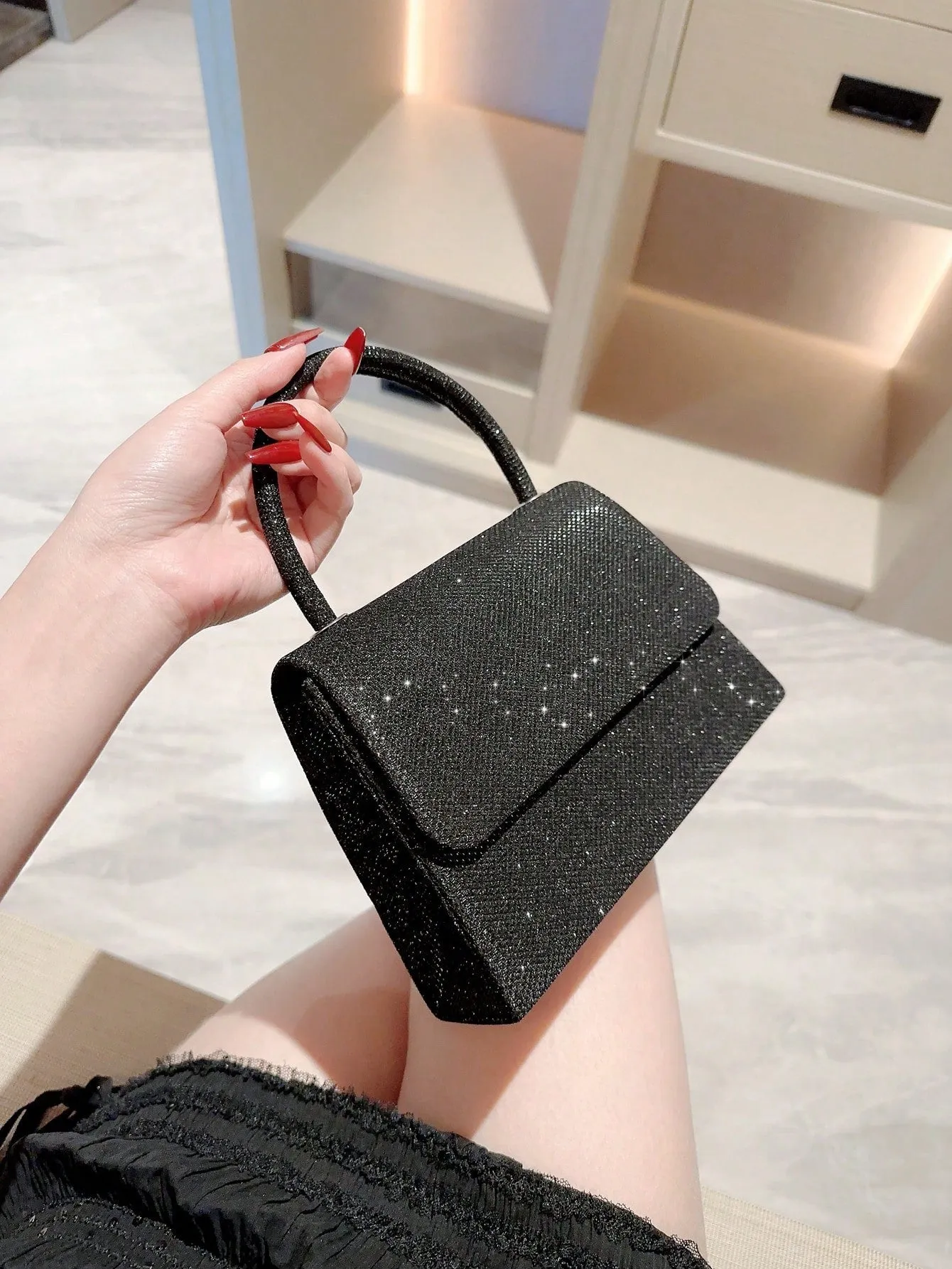 SHEIN  Mini Flap Square Bag Glitter Black Minimalist