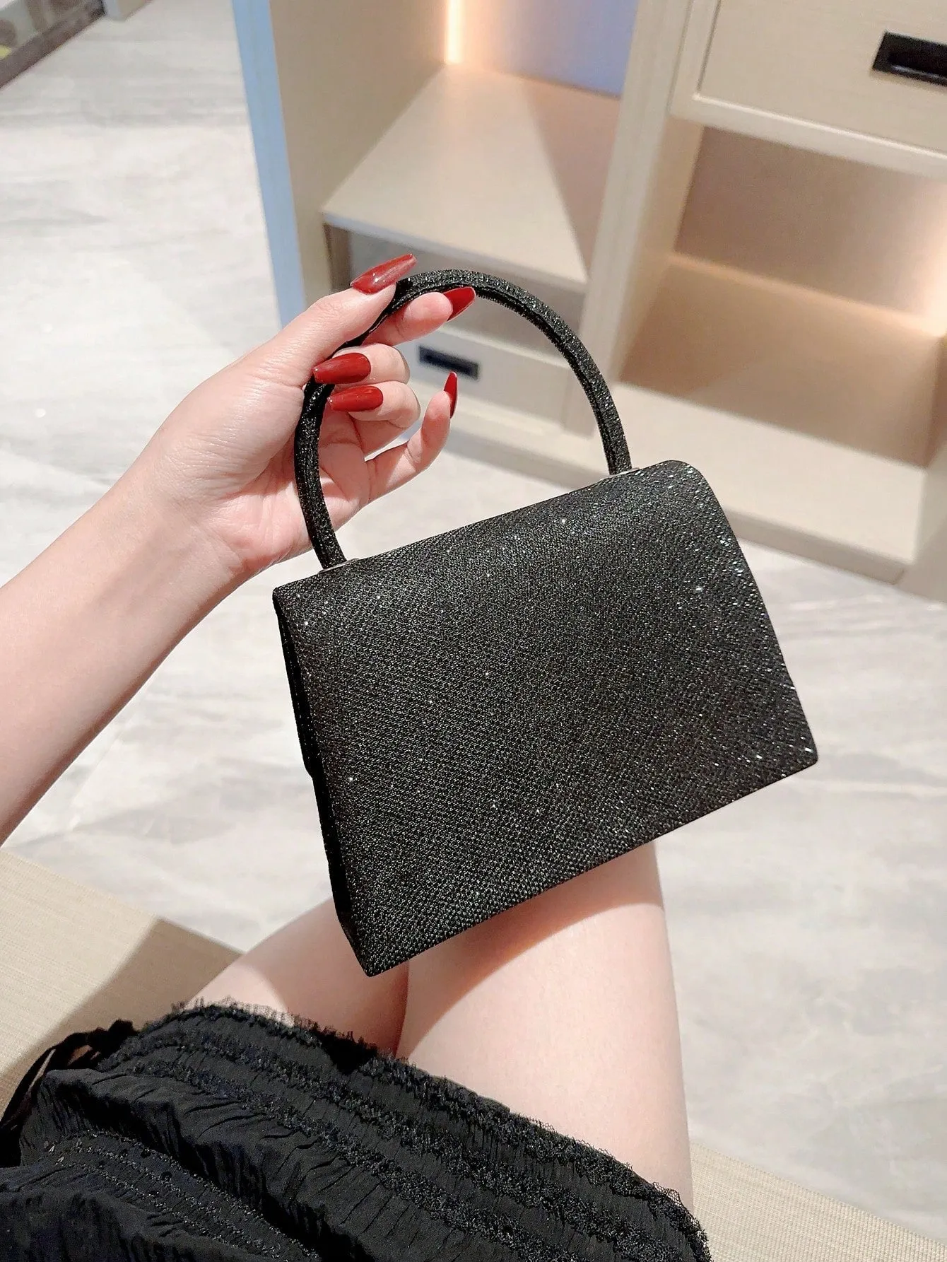 SHEIN  Mini Flap Square Bag Glitter Black Minimalist
