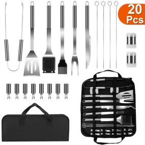 Stainless Steel BBQ Tool Kit - Grill Accessories set w/ Spatula Tongs Fork Knife Brush Salt Shaker Skewers Corn Need