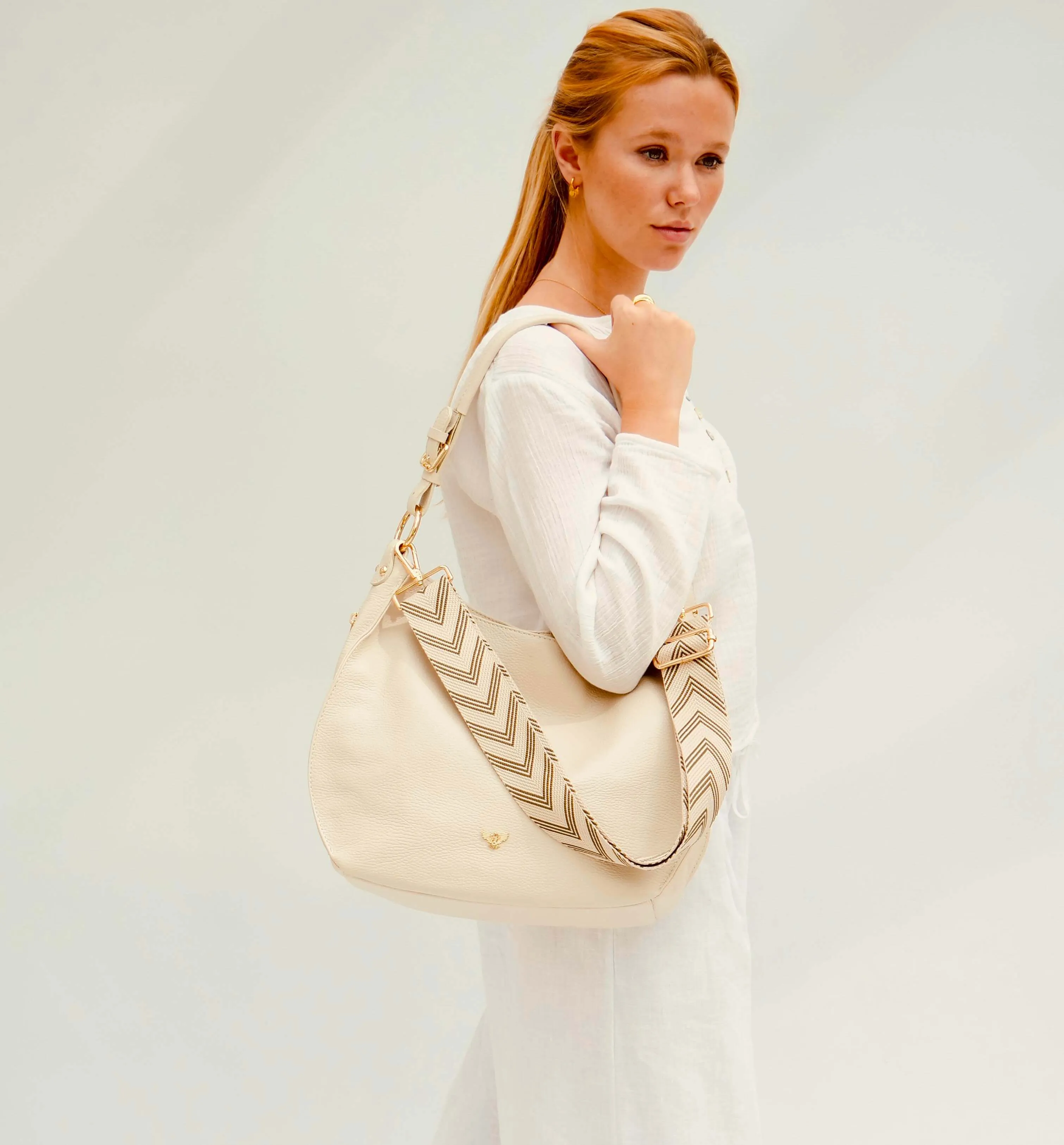 The Harriet Stone Leather Bag With Olive Green Arrow Strap