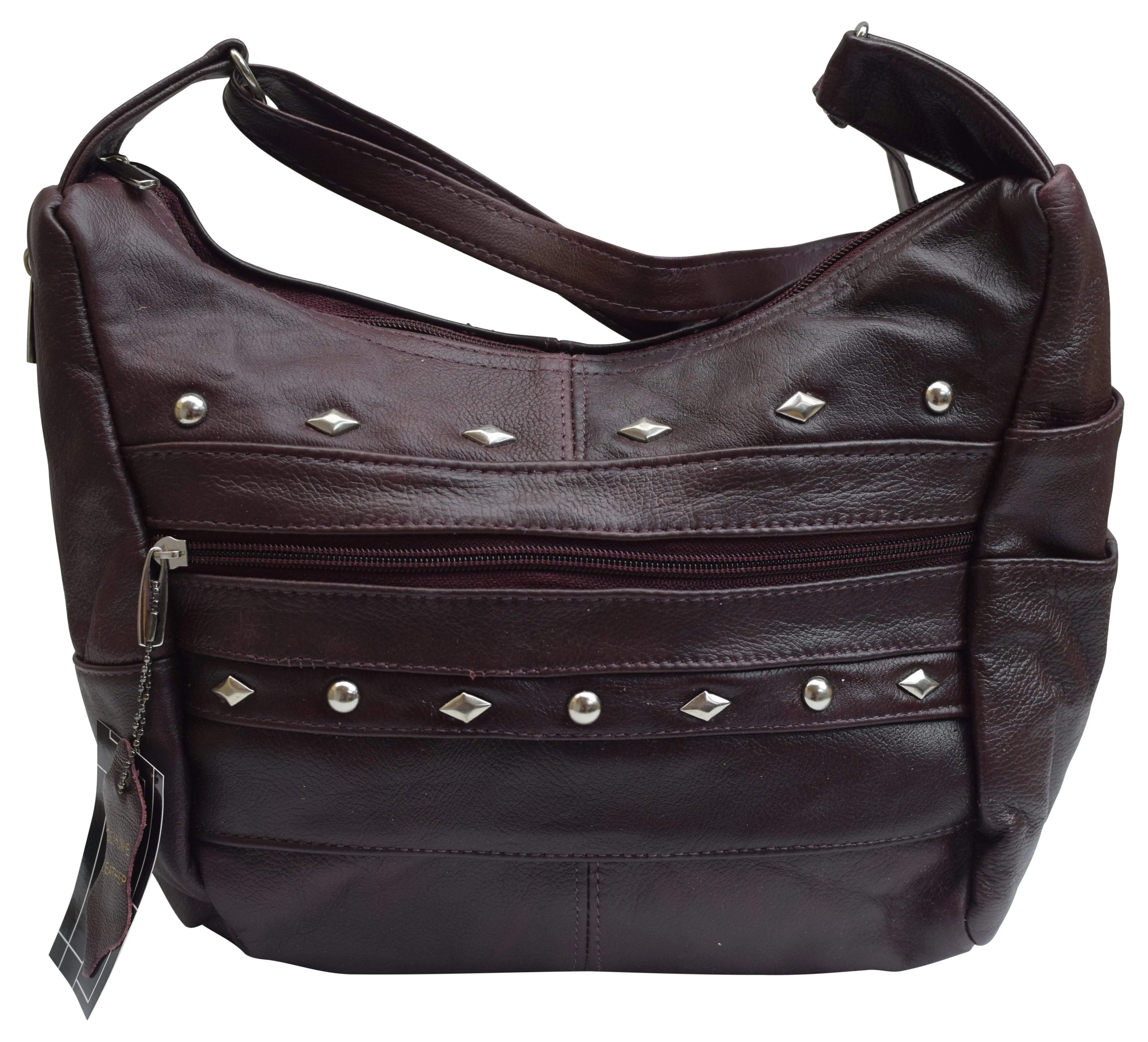 Womens Genuine Leather Purse Adjustable Strap Mid Size Multi Pocket Shoulder Bag Design Wine