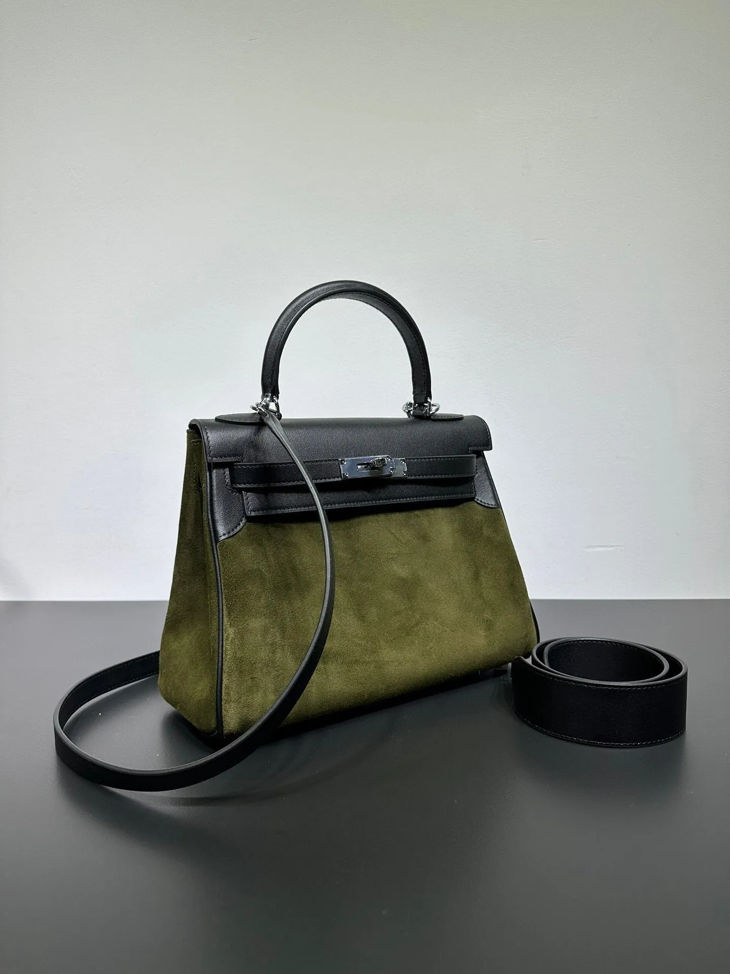 Womens Suede Leather Padlock Tote Bag Olive Green