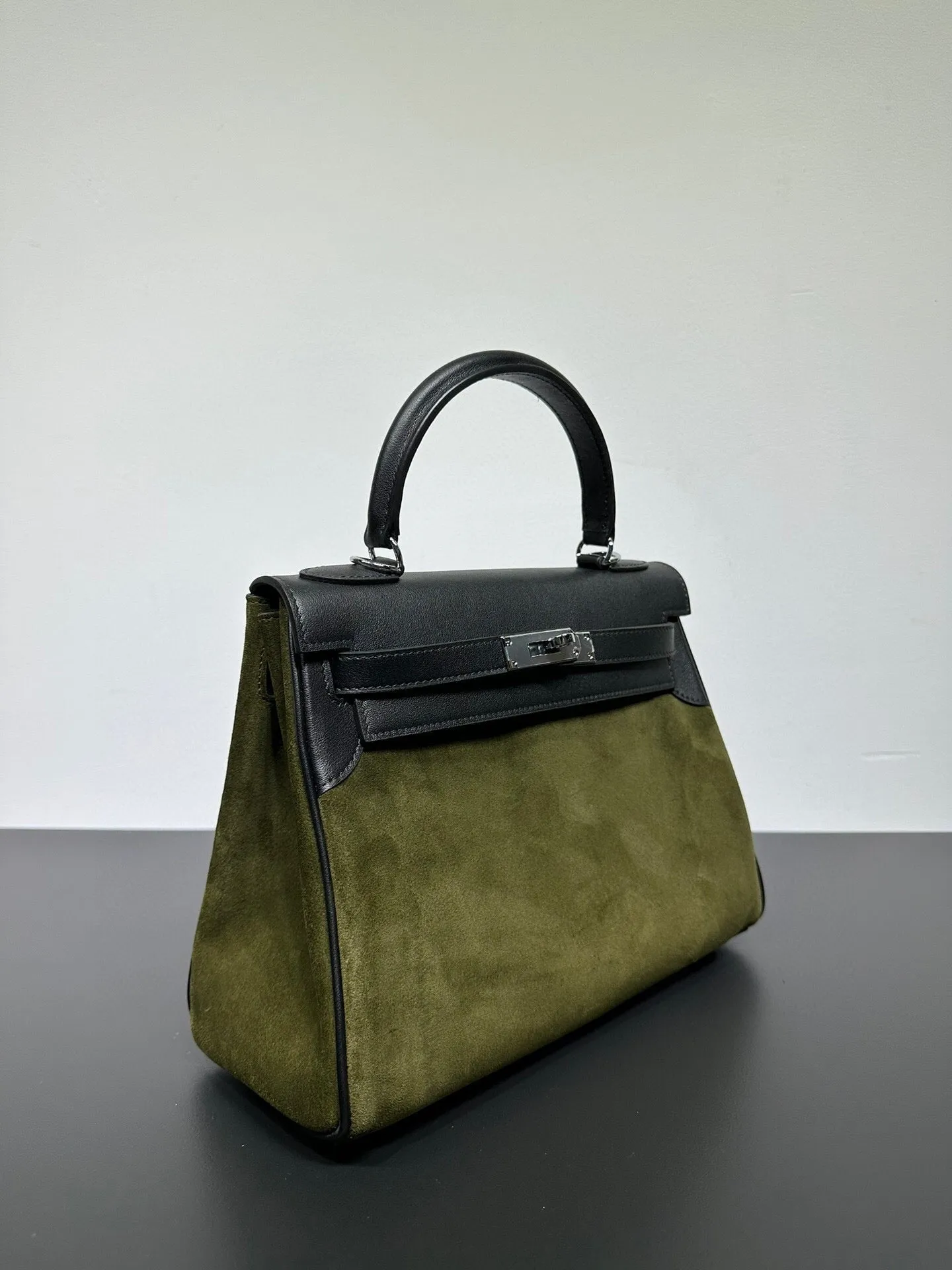 Womens Suede Leather Padlock Tote Bag Olive Green
