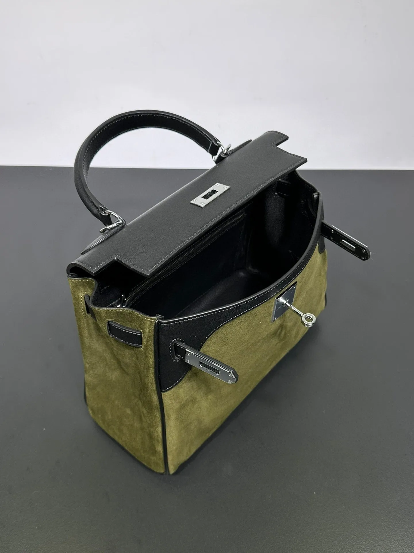 Womens Suede Leather Padlock Tote Bag Olive Green