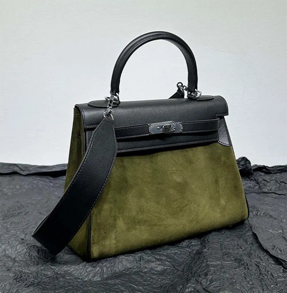 Womens Suede Leather Padlock Tote Bag Olive Green