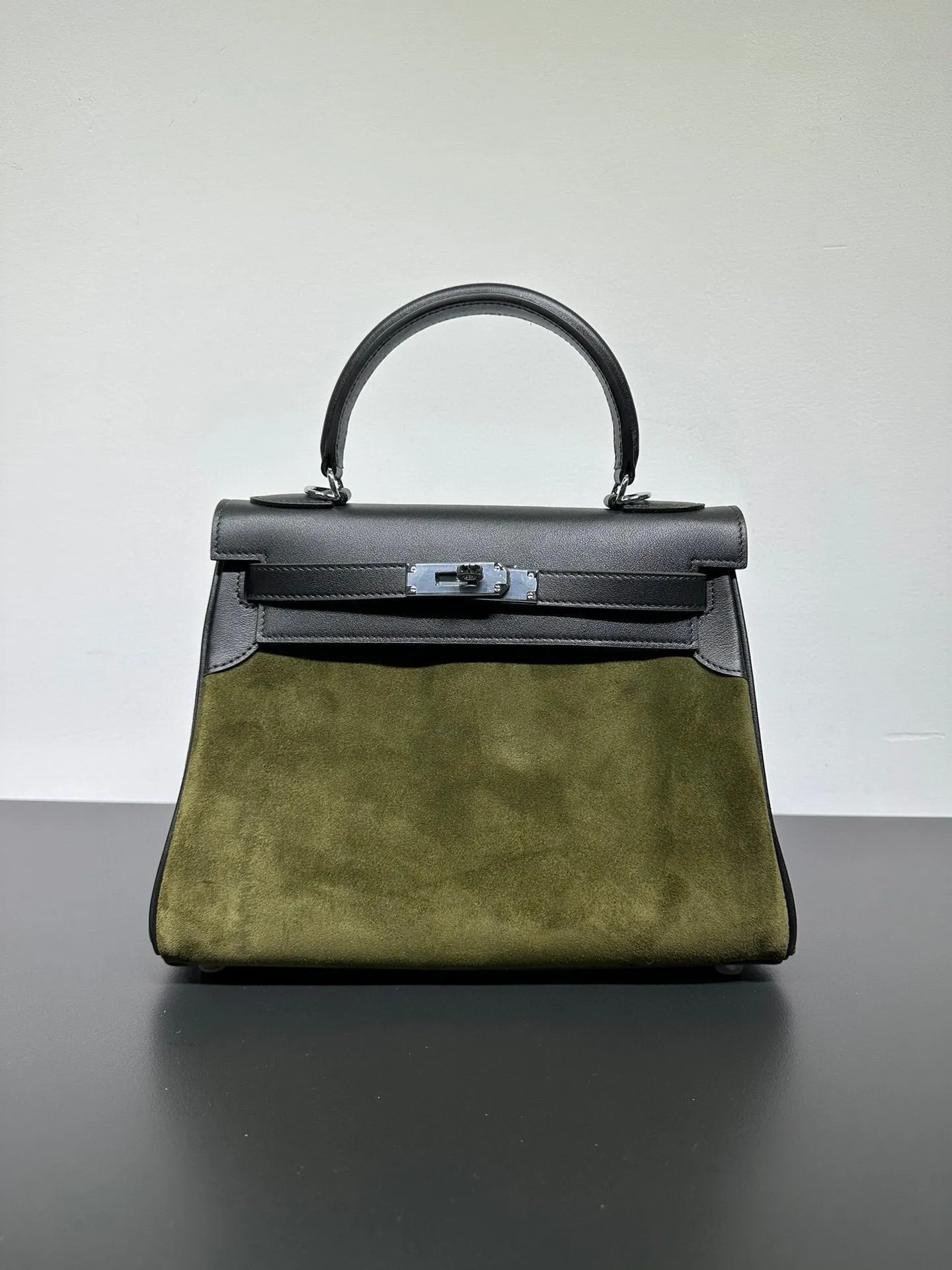 Womens Suede Leather Padlock Tote Bag Olive Green