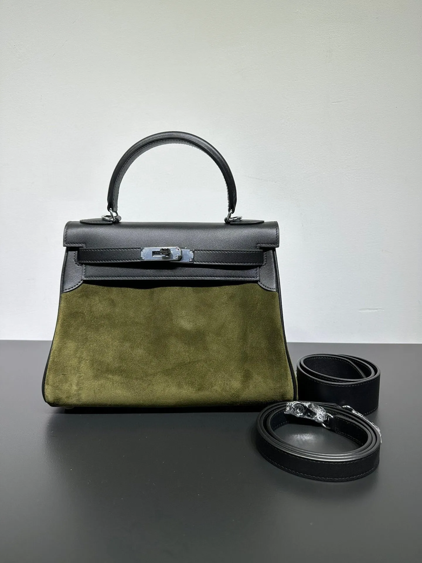 Womens Suede Leather Padlock Tote Bag Olive Green